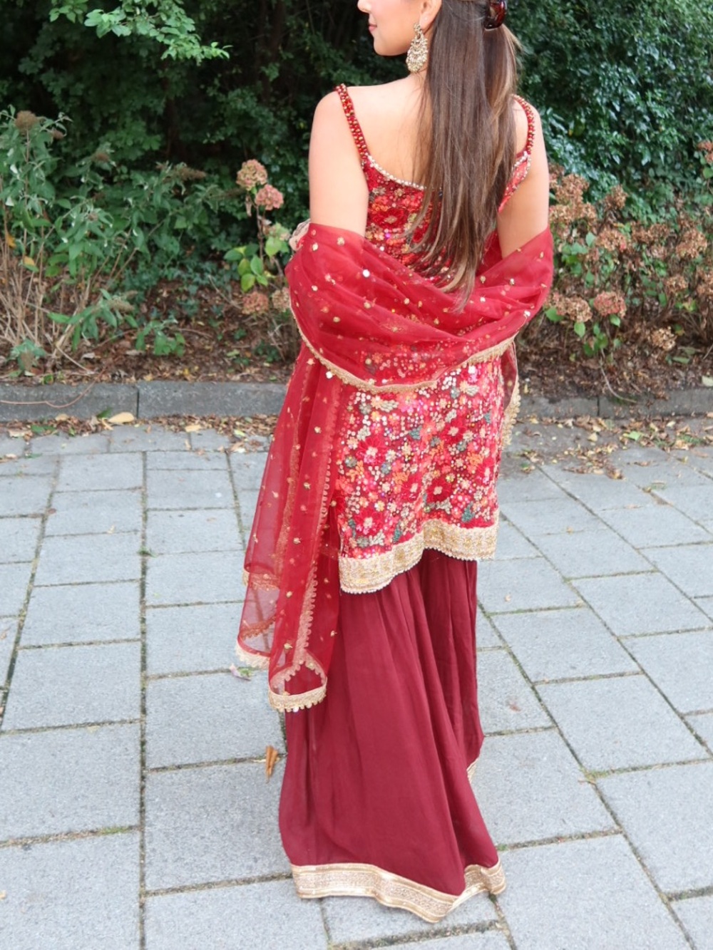 Elegant Red Floral Sequin Women's Indian Sharara